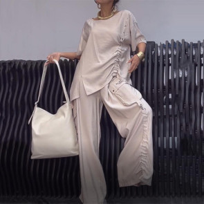 2 Pcs/Set Fall Spring Women T-shirt Pants Set Short Sleeves Round Neck Pleated Top Elastic Waist Wide Leg Trousers Casual Sport Pantsuit Outfit