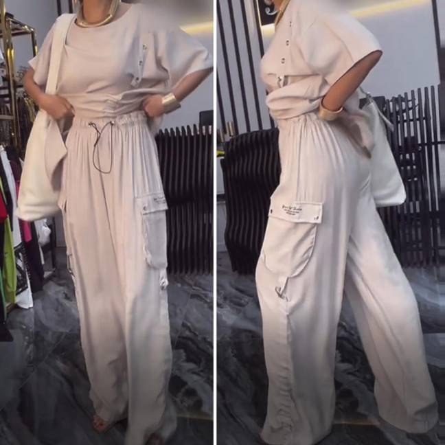 2 Pcs/Set Fall Spring Women T-shirt Pants Set Short Sleeves Round Neck Pleated Top Elastic Waist Wide Leg Trousers Casual Sport Pantsuit Outfit 2 Pcs/Set Fall Spring Women T-shirt Pants Set Short Sleeves Round Neck Pleated Top Elastic Waist Wide Leg Trousers Casual Sport Pantsuit Outfit