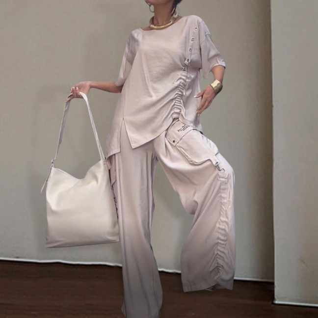 2 Pcs/Set Fall Spring Women T-shirt Pants Set Short Sleeves Round Neck Pleated Top Elastic Waist Wide Leg Trousers Casual Sport Pantsuit Outfit 2 Pcs/Set Fall Spring Women T-shirt Pants Set Short Sleeves Round Neck Pleated Top Elastic Waist Wide Leg Trousers Casual Sport Pantsuit Outfit