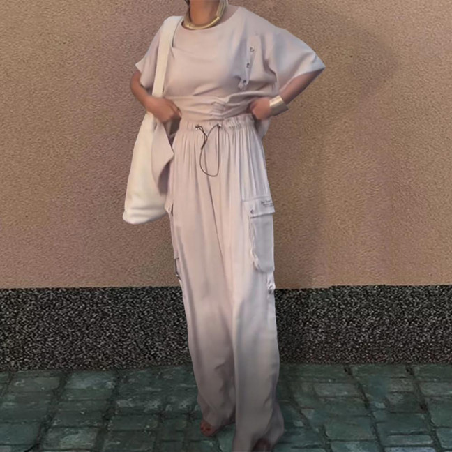 2 Pcs/Set Fall Spring Women T-shirt Pants Set Short Sleeves Round Neck Pleated Top Elastic Waist Wide Leg Trousers Casual Sport Pantsuit Outfit 2 Pcs/Set Fall Spring Women T-shirt Pants Set Short Sleeves Round Neck Pleated Top Elastic Waist Wide Leg Trousers Casual Sport Pantsuit Outfit