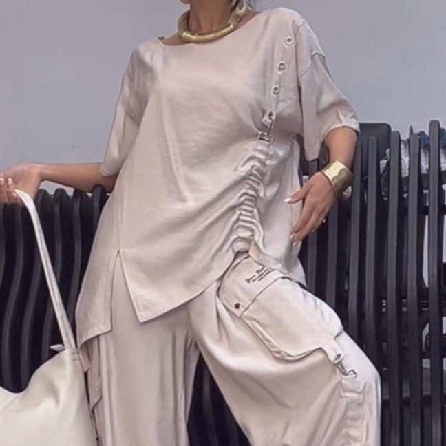 2 Pcs/Set Fall Spring Women T-shirt Pants Set Short Sleeves Round Neck Pleated Top Elastic Waist Wide Leg Trousers Casual Sport Pantsuit Outfit 2 Pcs/Set Fall Spring Women T-shirt Pants Set Short Sleeves Round Neck Pleated Top Elastic Waist Wide Leg Trousers Casual Sport Pantsuit Outfit