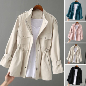 Autumn Winter Women Jacket Stand-up Collar Chest Pockets Zipper Closure Slim Waist Solid Color Mid Length Outdoor Travel Shopping Commuting Jacket 