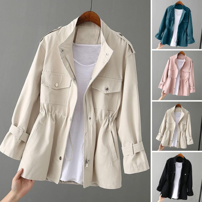 Autumn Winter Women Jacket Stand-up Collar Chest Pockets Zipper Closure Slim Waist Solid Color Mid Length Outdoor Travel Shopping Commuting Jacket 