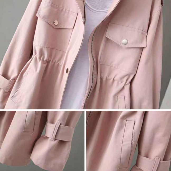 Autumn Winter Women Jacket Stand-up Collar Chest Pockets Zipper Closure Slim Waist Solid Color Mid Length Outdoor Travel Shopping Commuting Jacket Autumn Winter Women Jacket Stand-up Collar Chest Pockets Zipper Closure Slim Waist Solid Color Mid Length Outdoor Travel Shopping Commuting Jacket