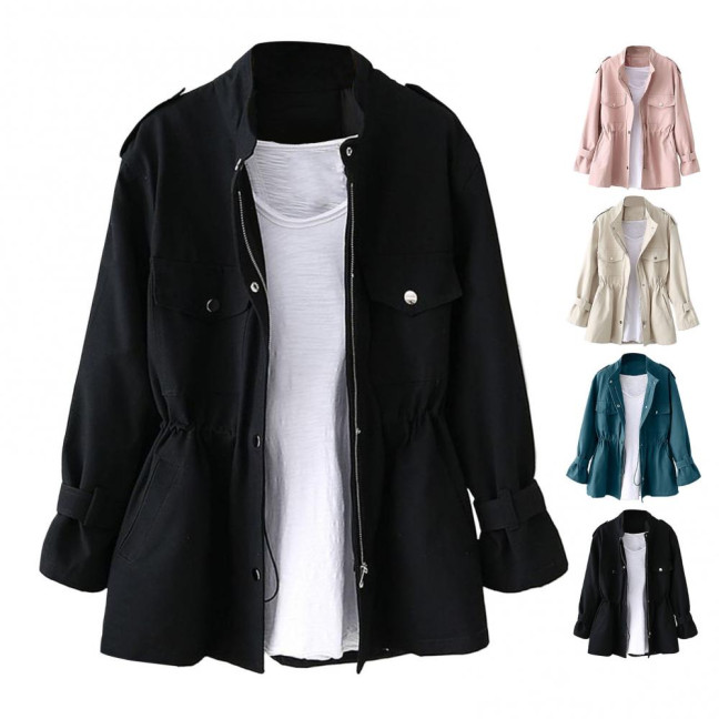 Autumn Winter Women Jacket Stand-up Collar Chest Pockets Zipper Closure Slim Waist Solid Color Mid Length Outdoor Travel Shopping Commuting Jacket Autumn Winter Women Jacket Stand-up Collar Chest Pockets Zipper Closure Slim Waist Solid Color Mid Length Outdoor Travel Shopping Commuting Jacket
