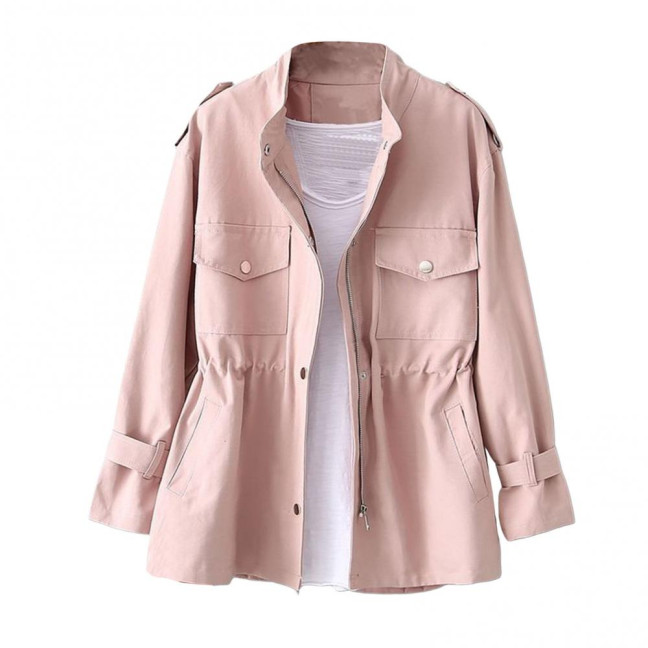 Autumn Winter Women Jacket Stand-up Collar Chest Pockets Zipper Closure Slim Waist Solid Color Mid Length Outdoor Travel Shopping Commuting Jacket Autumn Winter Women Jacket Stand-up Collar Chest Pockets Zipper Closure Slim Waist Solid Color Mid Length Outdoor Travel Shopping Commuting Jacket