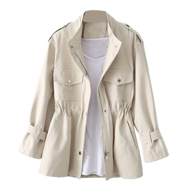 Autumn Winter Women Jacket Stand-up Collar Chest Pockets Zipper Closure Slim Waist Solid Color Mid Length Outdoor Travel Shopping Commuting Jacket Autumn Winter Women Jacket Stand-up Collar Chest Pockets Zipper Closure Slim Waist Solid Color Mid Length Outdoor Travel Shopping Commuting Jacket