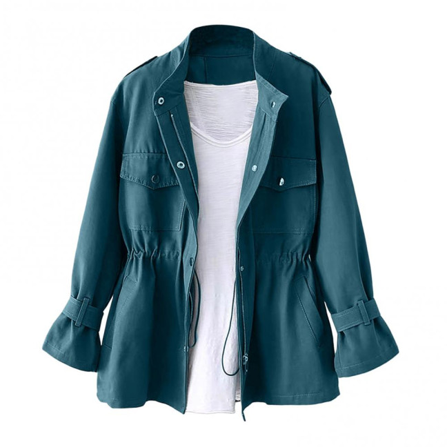 Autumn Winter Women Jacket Stand-up Collar Chest Pockets Zipper Closure Slim Waist Solid Color Mid Length Outdoor Travel Shopping Commuting Jacket Autumn Winter Women Jacket Stand-up Collar Chest Pockets Zipper Closure Slim Waist Solid Color Mid Length Outdoor Travel Shopping Commuting Jacket