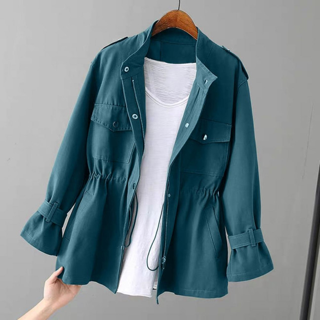 Autumn Winter Women Jacket Stand-up Collar Chest Pockets Zipper Closure Slim Waist Solid Color Mid Length Outdoor Travel Shopping Commuting Jacket Autumn Winter Women Jacket Stand-up Collar Chest Pockets Zipper Closure Slim Waist Solid Color Mid Length Outdoor Travel Shopping Commuting Jacket