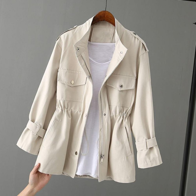 Autumn Winter Women Jacket Stand-up Collar Chest Pockets Zipper Closure Slim Waist Solid Color Mid Length Outdoor Travel Shopping Commuting Jacket Autumn Winter Women Jacket Stand-up Collar Chest Pockets Zipper Closure Slim Waist Solid Color Mid Length Outdoor Travel Shopping Commuting Jacket