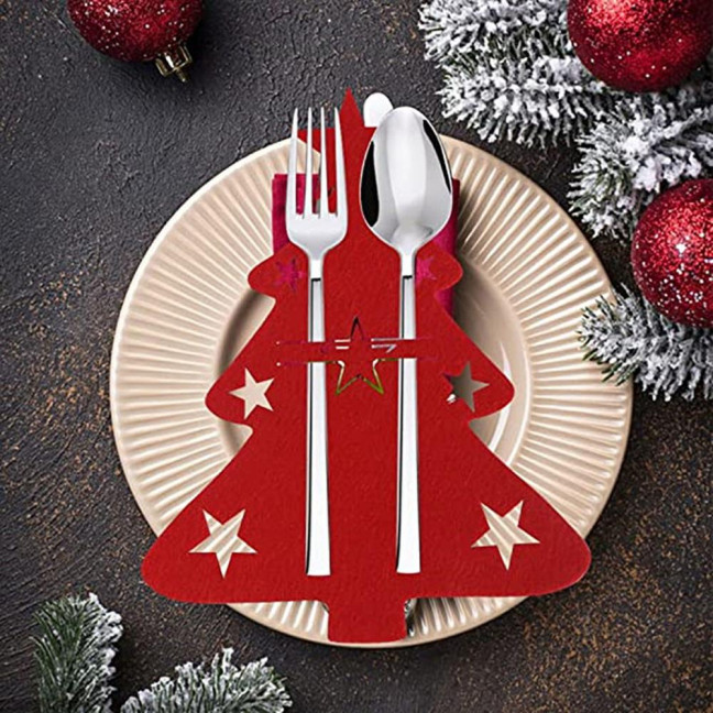 12Pcs Christmas Tableware Holder Flatware Bag Xmas Tree Cutlery Pockets Dinner Knife Fork Covers for Holiday Home Party Decorations