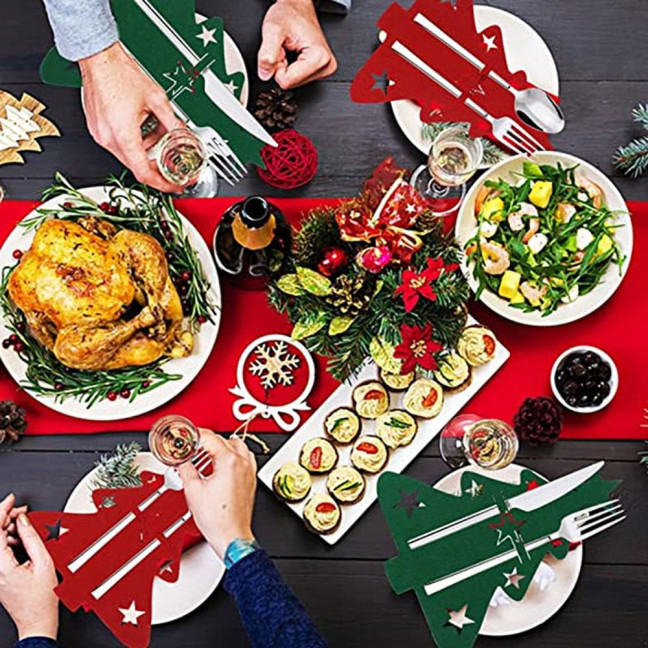 12Pcs Christmas Tableware Holder Flatware Bag Xmas Tree Cutlery Pockets Dinner Knife Fork Covers for Holiday Home Party Decorations