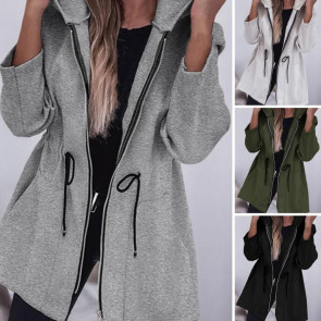 Women Jacket Windbreaker Style Hooded Drawstring Waist Large Pockets Solid Color Zipper Closure Thermal Long-Sleeved Biking Hiking Workout Spring Fall Winter Coat