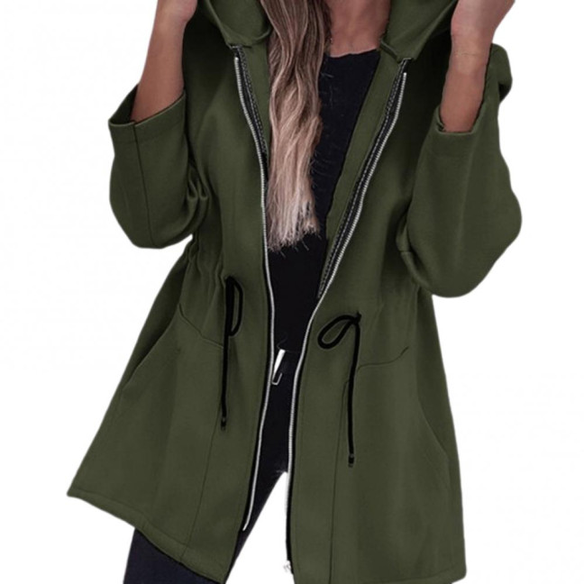 Women Jacket Windbreaker Style Hooded Drawstring Waist Large Pockets Solid Color Zipper Closure Thermal Long-Sleeved Biking Hiking Workout Spring Fall Winter Coat