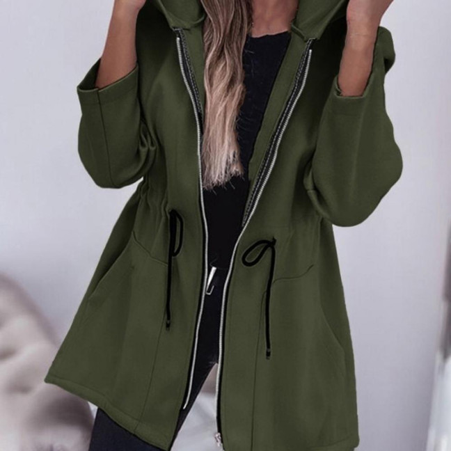 Women Jacket Windbreaker Style Hooded Drawstring Waist Large Pockets Solid Color Zipper Closure Thermal Long-Sleeved Biking Hiking Workout Spring Fall Winter Coat