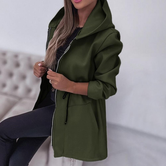 Women Jacket Windbreaker Style Hooded Drawstring Waist Large Pockets Solid Color Zipper Closure Thermal Long-Sleeved Biking Hiking Workout Spring Fall Winter Coat