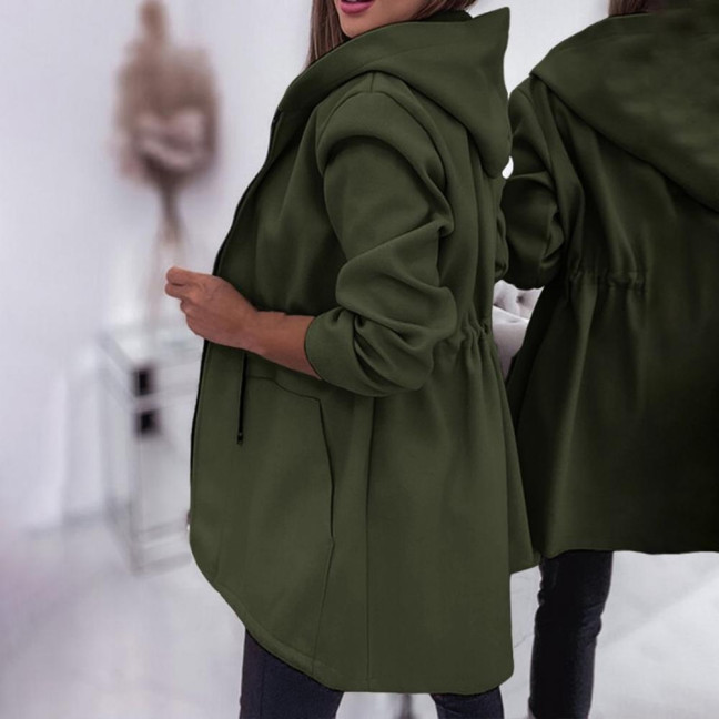 Women Jacket Windbreaker Style Hooded Drawstring Waist Large Pockets Solid Color Zipper Closure Thermal Long-Sleeved Biking Hiking Workout Spring Fall Winter Coat