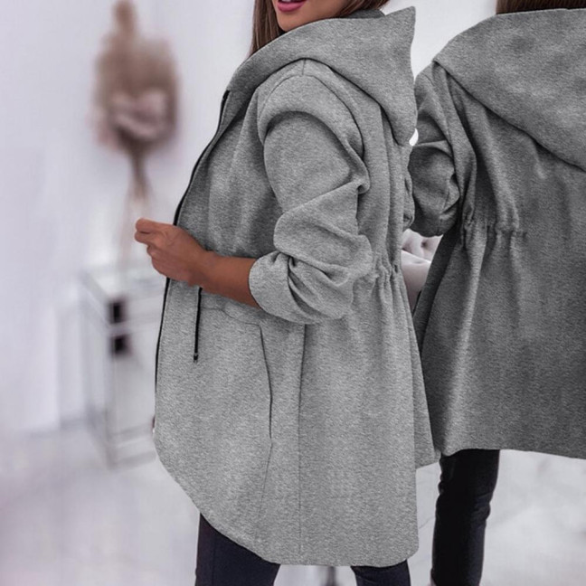 Women Jacket Windbreaker Style Hooded Drawstring Waist Large Pockets Solid Color Zipper Closure Thermal Long-Sleeved Biking Hiking Workout Spring Fall Winter Coat