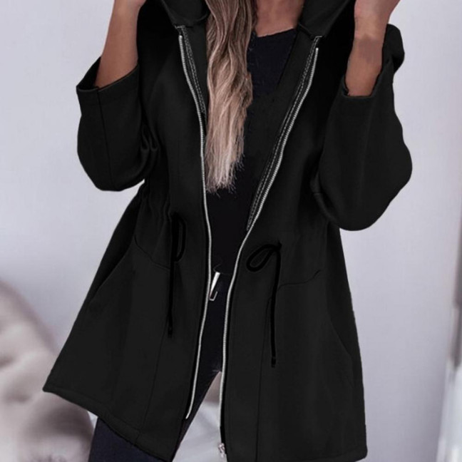 Women Jacket Windbreaker Style Hooded Drawstring Waist Large Pockets Solid Color Zipper Closure Thermal Long-Sleeved Biking Hiking Workout Spring Fall Winter Coat