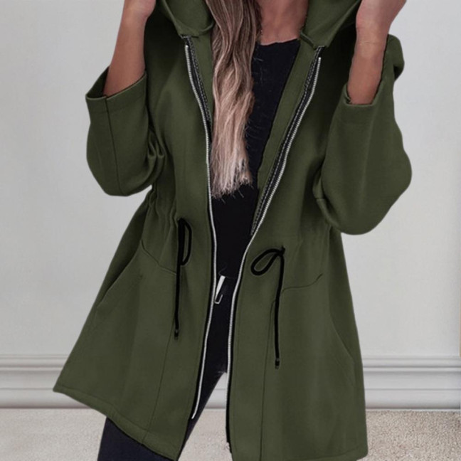 Women Jacket Windbreaker Style Hooded Drawstring Waist Large Pockets Solid Color Zipper Closure Thermal Long-Sleeved Biking Hiking Workout Spring Fall Winter Coat