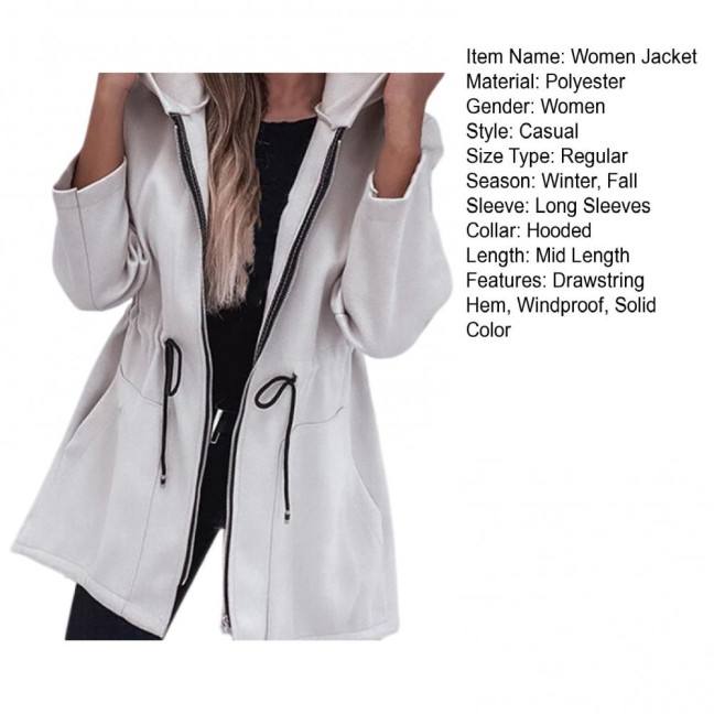 Women Jacket Windbreaker Style Hooded Drawstring Waist Large Pockets Solid Color Zipper Closure Thermal Long-Sleeved Biking Hiking Workout Spring Fall Winter Coat