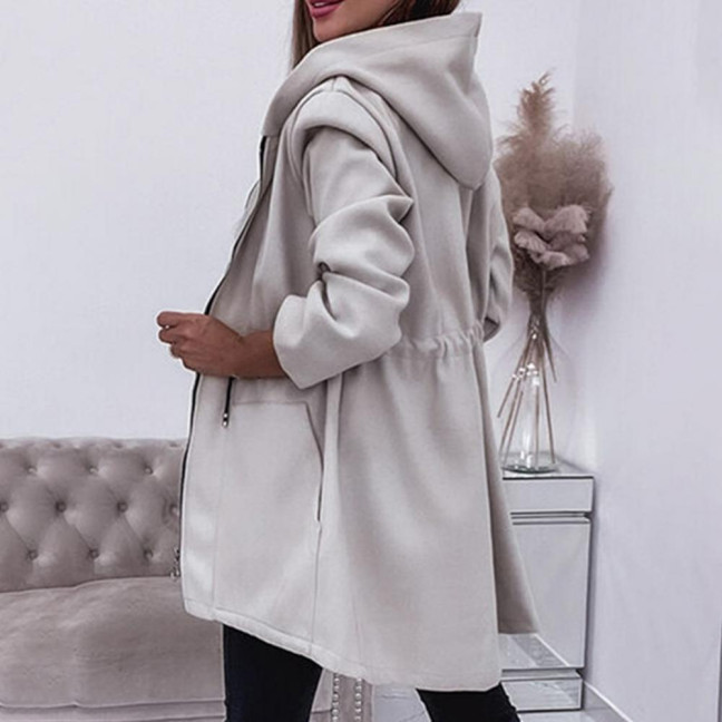 Women Jacket Windbreaker Style Hooded Drawstring Waist Large Pockets Solid Color Zipper Closure Thermal Long-Sleeved Biking Hiking Workout Spring Fall Winter Coat