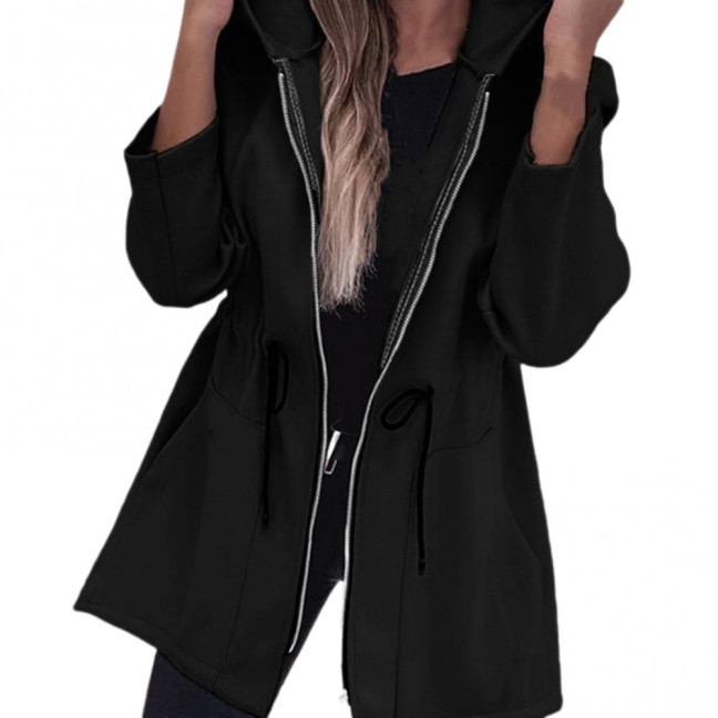 Women Jacket Windbreaker Style Hooded Drawstring Waist Large Pockets Solid Color Zipper Closure Thermal Long-Sleeved Biking Hiking Workout Spring Fall Winter Coat