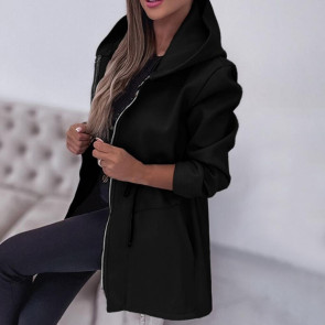 Women Jacket Windbreaker Style Hooded Drawstring Waist Large Pockets Solid Color Zipper Closure Thermal Long-Sleeved Biking Hiking Workout Spring Fall Winter Coat