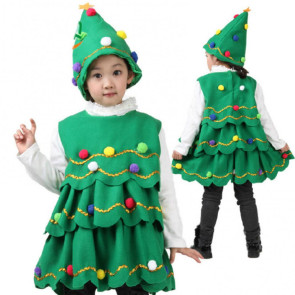 2 Pcs/Set Christmas Costume with Hat Multi Plush Ball Pendant Decor Scattered Cake Hem Sleeveless Round Neck A-line Christmas Tree Cosplay Performance Mini Dress