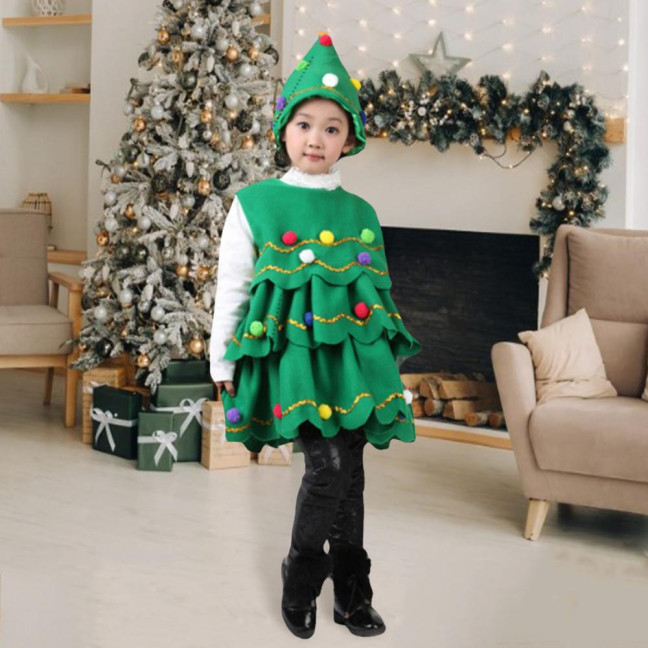 2 Pcs/Set Christmas Costume with Hat Multi Plush Ball Pendant Decor Scattered Cake Hem Sleeveless Round Neck A-line Christmas Tree Cosplay Performance Mini Dress