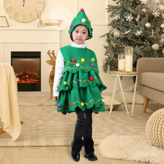 2 Pcs/Set Christmas Costume with Hat Multi Plush Ball Pendant Decor Scattered Cake Hem Sleeveless Round Neck A-line Christmas Tree Cosplay Performance Mini Dress