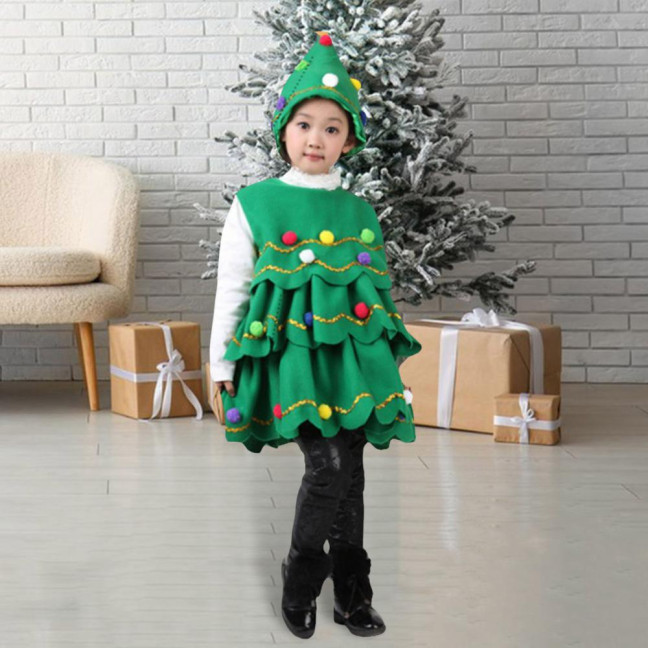 2 Pcs/Set Christmas Costume with Hat Multi Plush Ball Pendant Decor Scattered Cake Hem Sleeveless Round Neck A-line Christmas Tree Cosplay Performance Mini Dress