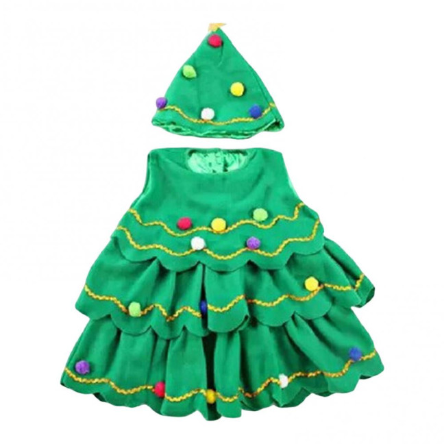 2 Pcs/Set Christmas Costume with Hat Multi Plush Ball Pendant Decor Scattered Cake Hem Sleeveless Round Neck A-line Christmas Tree Cosplay Performance Mini Dress