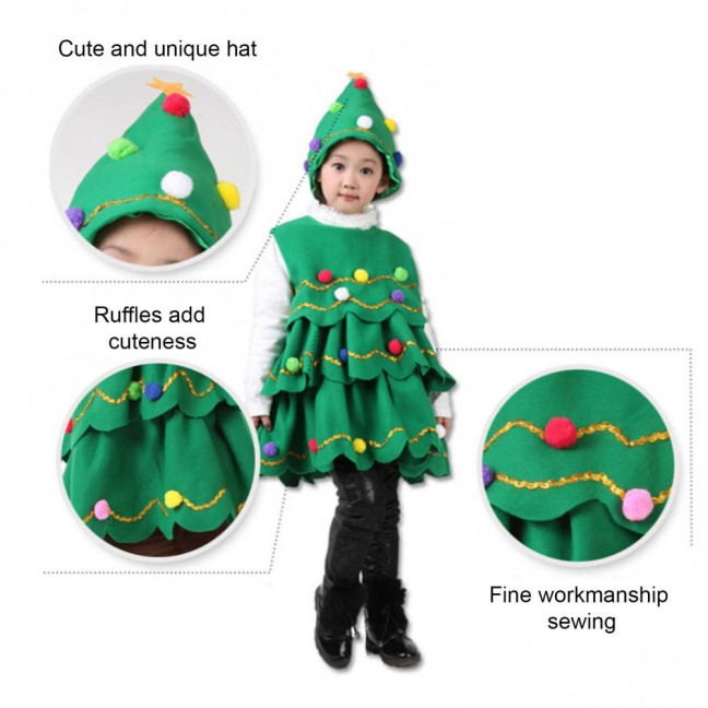 2 Pcs/Set Christmas Costume with Hat Multi Plush Ball Pendant Decor Scattered Cake Hem Sleeveless Round Neck A-line Christmas Tree Cosplay Performance Mini Dress