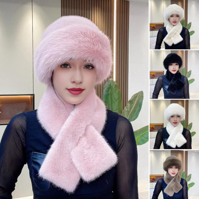 2 Pcs/Set Women Winter Hat Scarf Set Fuzzy Plush Thickened Windproof Heat Retention Cross Neck Wrap Solid Color Dome Faux Fur Fisherman Hat Outdoor Cap