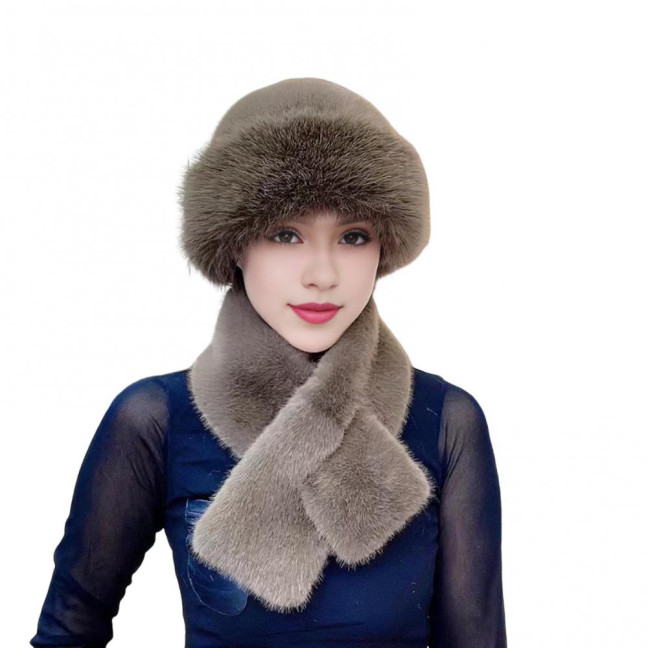 2 Pcs/Set Women Winter Hat Scarf Set Fuzzy Plush Thickened Windproof Heat Retention Cross Neck Wrap Solid Color Dome Faux Fur Fisherman Hat Outdoor Cap