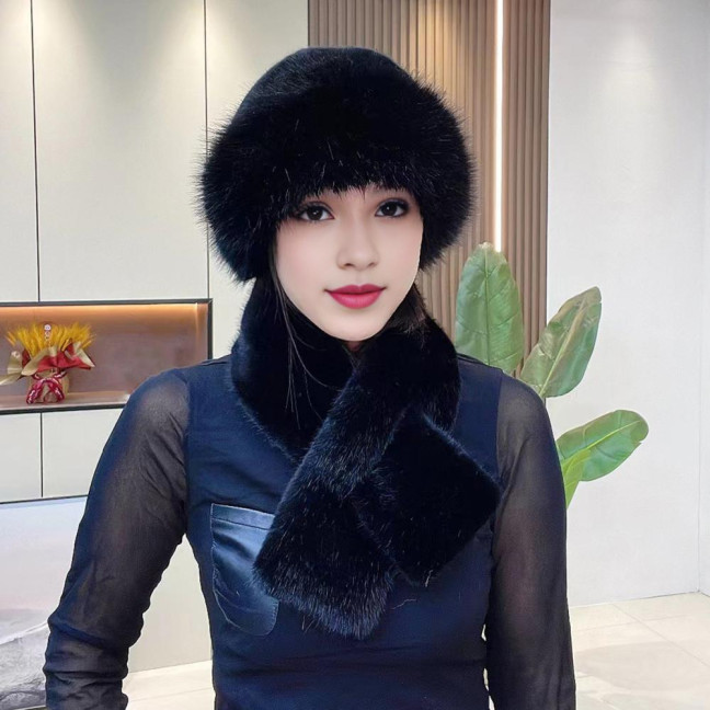 2 Pcs/Set Women Winter Hat Scarf Set Fuzzy Plush Thickened Windproof Heat Retention Cross Neck Wrap Solid Color Dome Faux Fur Fisherman Hat Outdoor Cap