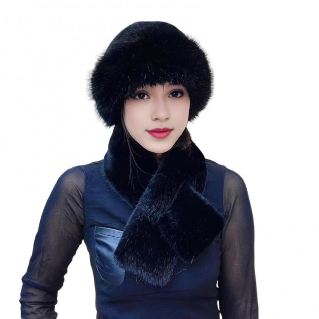 2 Pcs/Set Women Winter Hat Scarf Set Fuzzy Plush Thickened Windproof Heat Retention Cross Neck Wrap Solid Color Dome Faux Fur Fisherman Hat Outdoor Cap
