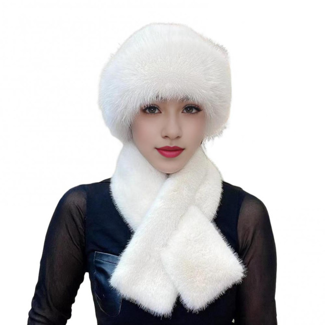 2 Pcs/Set Women Winter Hat Scarf Set Fuzzy Plush Thickened Windproof Heat Retention Cross Neck Wrap Solid Color Dome Faux Fur Fisherman Hat Outdoor Cap