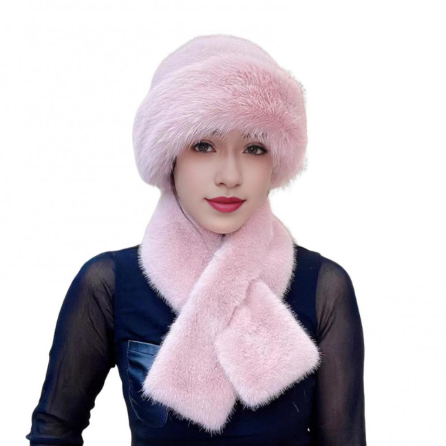 2 Pcs/Set Women Winter Hat Scarf Set Fuzzy Plush Thickened Windproof Heat Retention Cross Neck Wrap Solid Color Dome Faux Fur Fisherman Hat Outdoor Cap