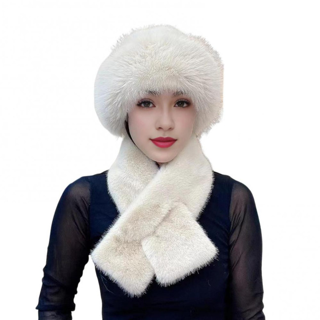 2 Pcs/Set Women Winter Hat Scarf Set Fuzzy Plush Thickened Windproof Heat Retention Cross Neck Wrap Solid Color Dome Faux Fur Fisherman Hat Outdoor Cap