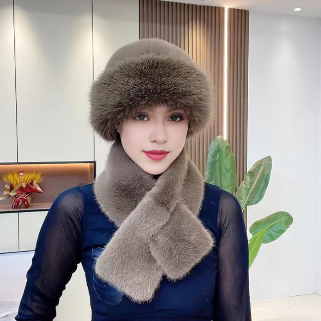 2 Pcs/Set Women Winter Hat Scarf Set Fuzzy Plush Thickened Windproof Heat Retention Cross Neck Wrap Solid Color Dome Faux Fur Fisherman Hat Outdoor Cap