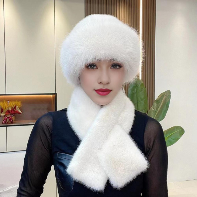 2 Pcs/Set Women Winter Hat Scarf Set Fuzzy Plush Thickened Windproof Heat Retention Cross Neck Wrap Solid Color Dome Faux Fur Fisherman Hat Outdoor Cap