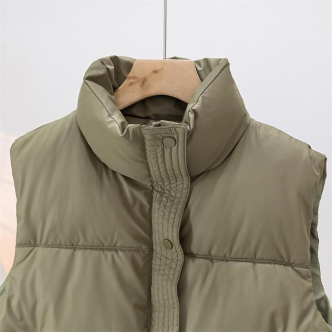 Winter Women Vest Coat Thickened Padded Button Closure Stand-up Collar Drawstring Hem Sleeveless Solid Color Windproof Heat Retention Outdoor Down Coat