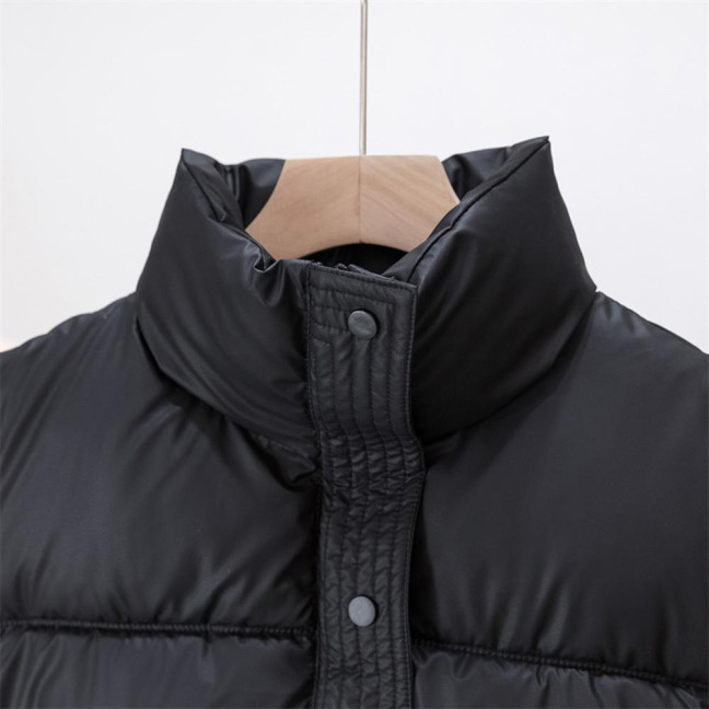 Winter Women Vest Coat Thickened Padded Button Closure Stand-up Collar Drawstring Hem Sleeveless Solid Color Windproof Heat Retention Outdoor Down Coat