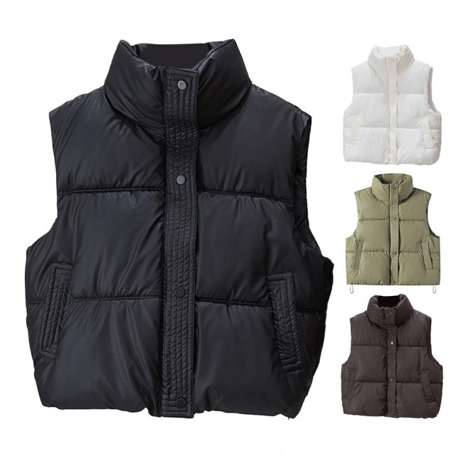 Winter Women Vest Coat Thickened Padded Button Closure Stand-up Collar Drawstring Hem Sleeveless Solid Color Windproof Heat Retention Outdoor Down Coat