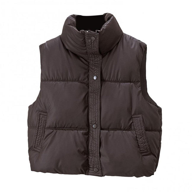 Winter Women Vest Coat Thickened Padded Button Closure Stand-up Collar Drawstring Hem Sleeveless Solid Color Windproof Heat Retention Outdoor Down Coat