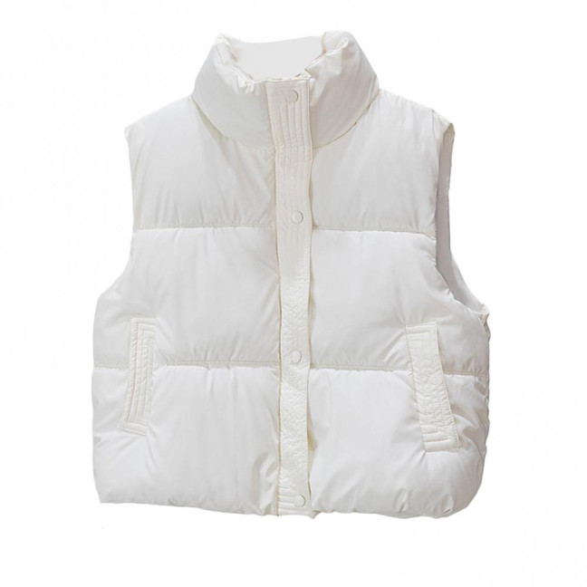 Winter Women Vest Coat Thickened Padded Button Closure Stand-up Collar Drawstring Hem Sleeveless Solid Color Windproof Heat Retention Outdoor Down Coat