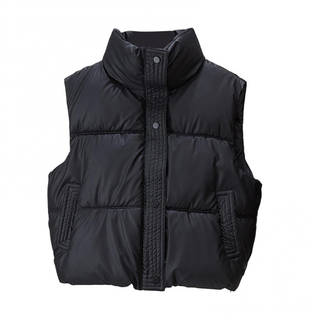 Winter Women Vest Coat Thickened Padded Button Closure Stand-up Collar Drawstring Hem Sleeveless Solid Color Windproof Heat Retention Outdoor Down Coat