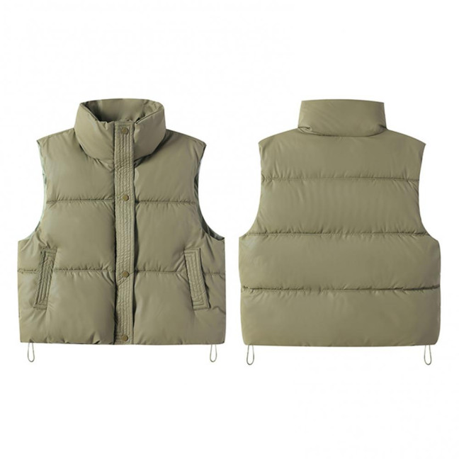 Winter Women Vest Coat Thickened Padded Button Closure Stand-up Collar Drawstring Hem Sleeveless Solid Color Windproof Heat Retention Outdoor Down Coat